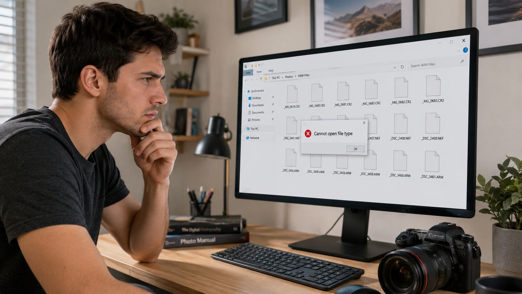 A man looking thoughtfully at a computer monitor showing a file error message while working with photography files.