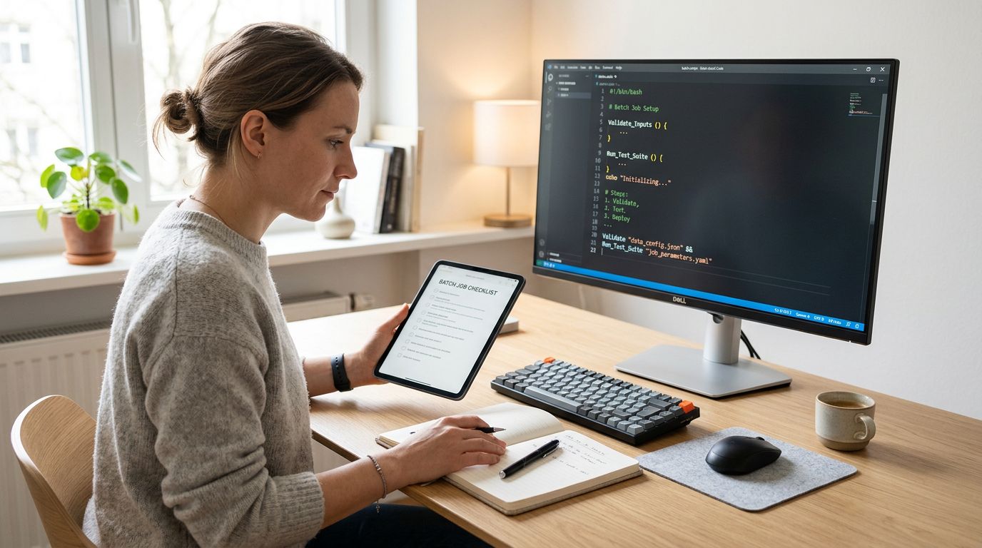 A woman working at a wooden desk with a computer monitor, tablet, and notebook, focused on tasks.