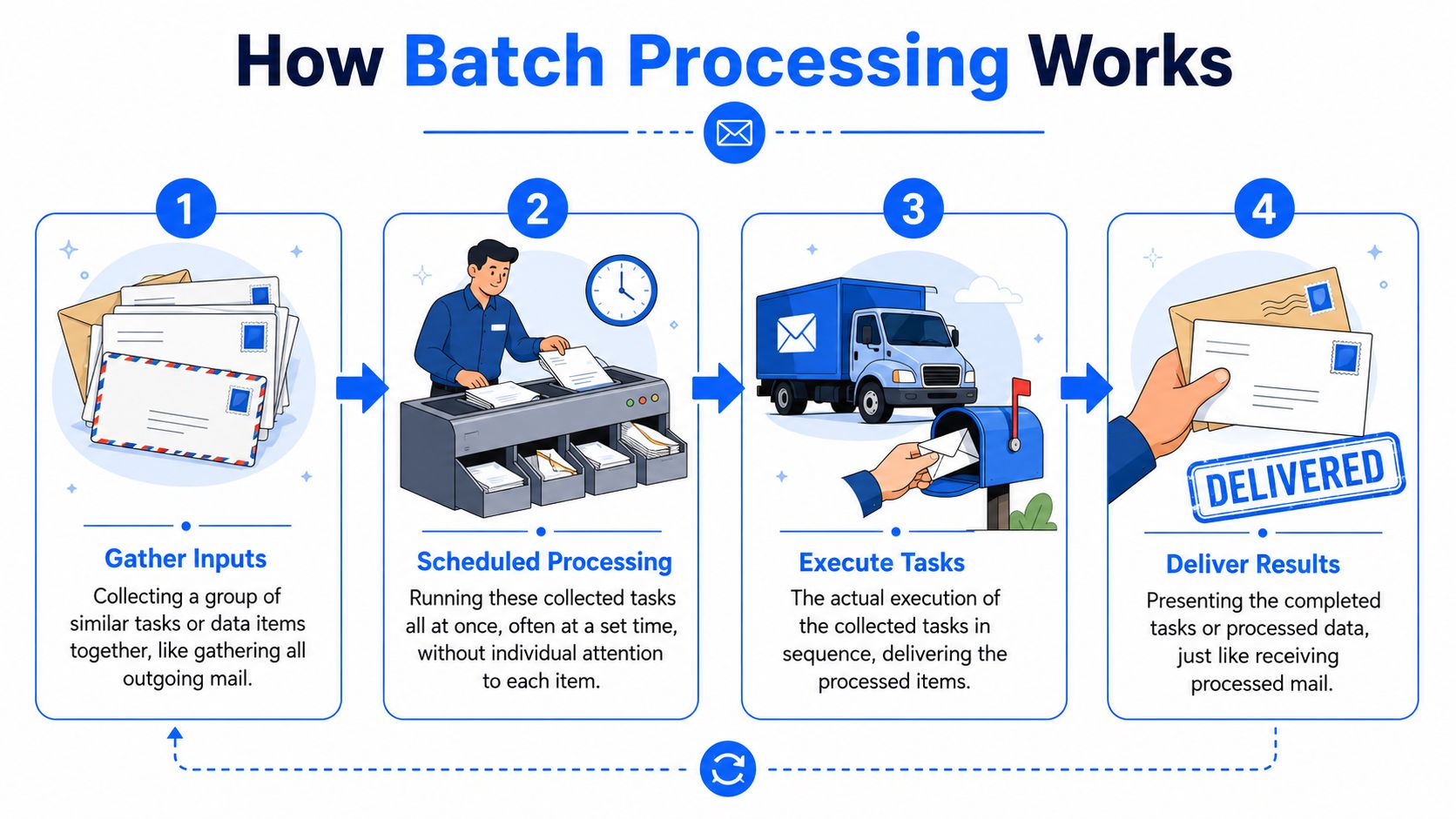 A four-step infographic illustrating how batch processing works using a mail delivery analogy.