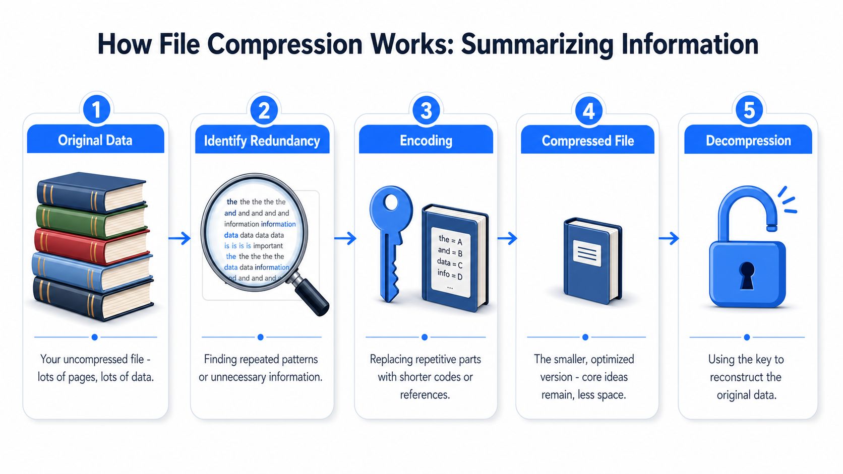 A diagram illustrating the five-step file compression process from original data to decompression of the information.