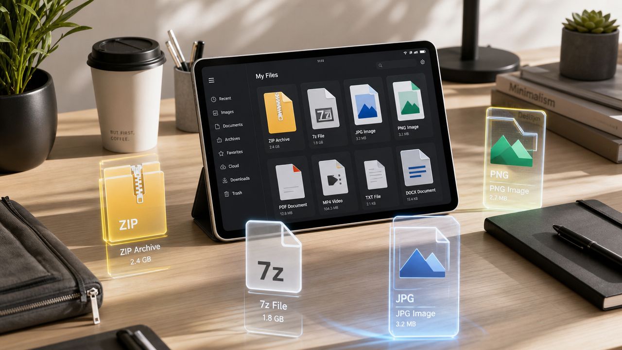 A tablet showing file management software on a wooden desk with holographic file icons surrounding it.