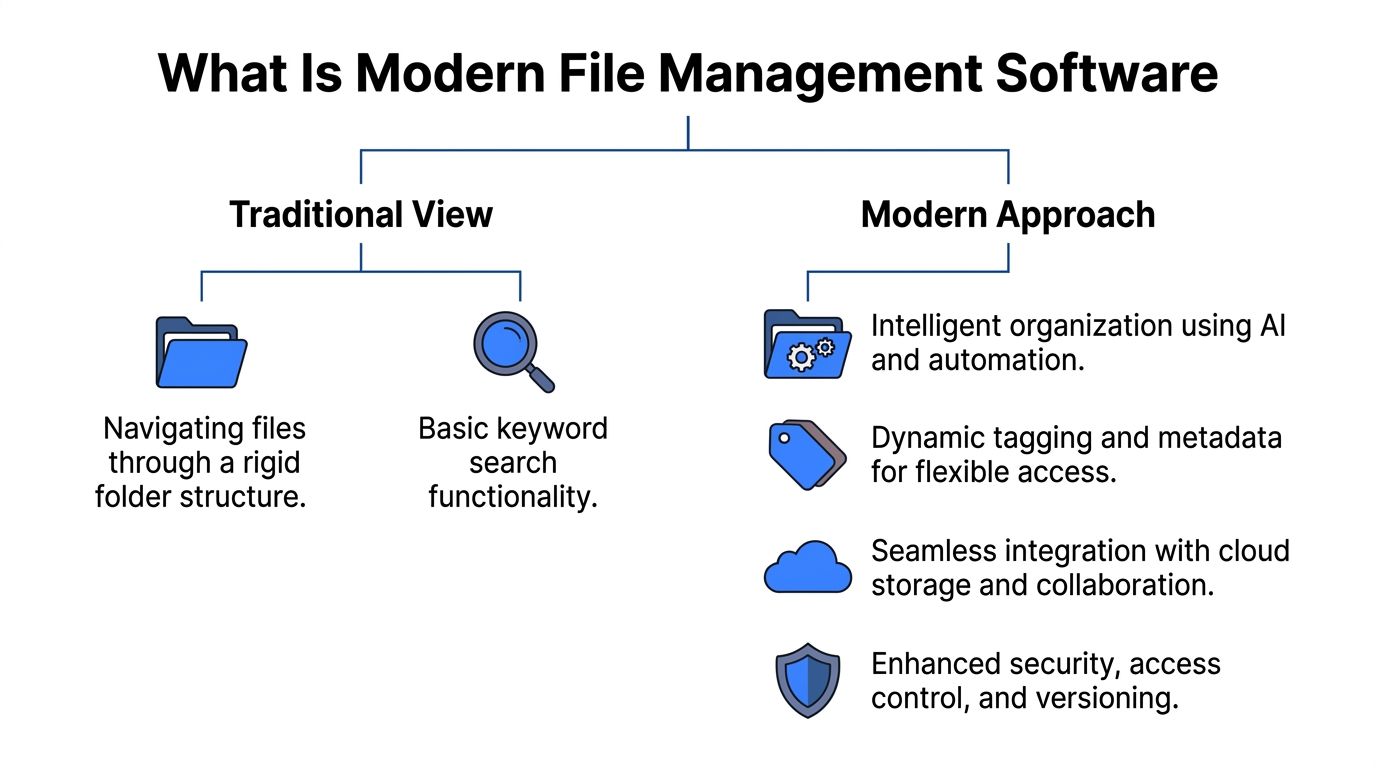 A comparison chart showing differences between traditional rigid folder-based file management and modern AI-driven organizational approaches.