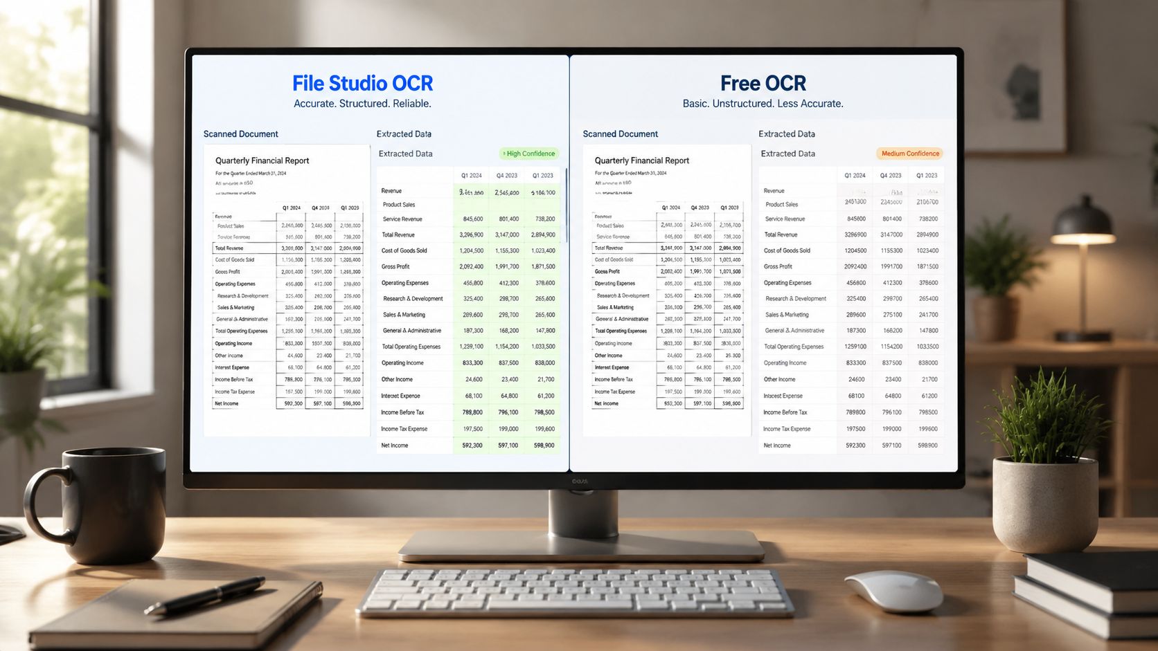 A computer screen showing a side-by-side comparison of accurate and inaccurate document data extraction results.