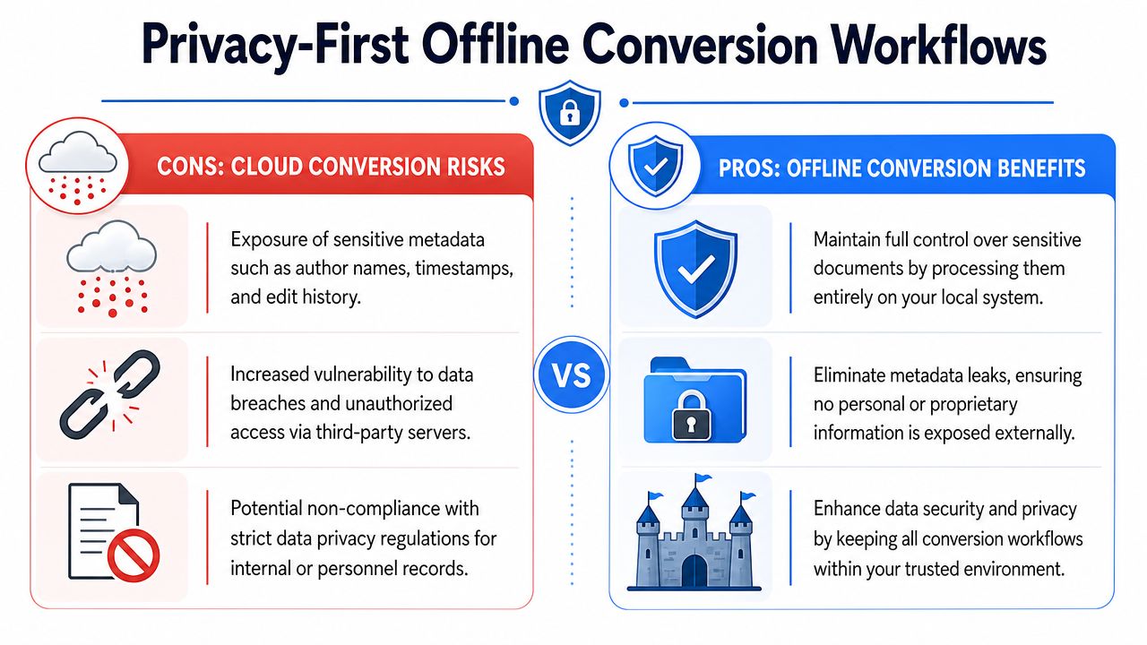 A comparison infographic showing the risks of cloud conversion versus the benefits of privacy-focused offline conversion workflows.