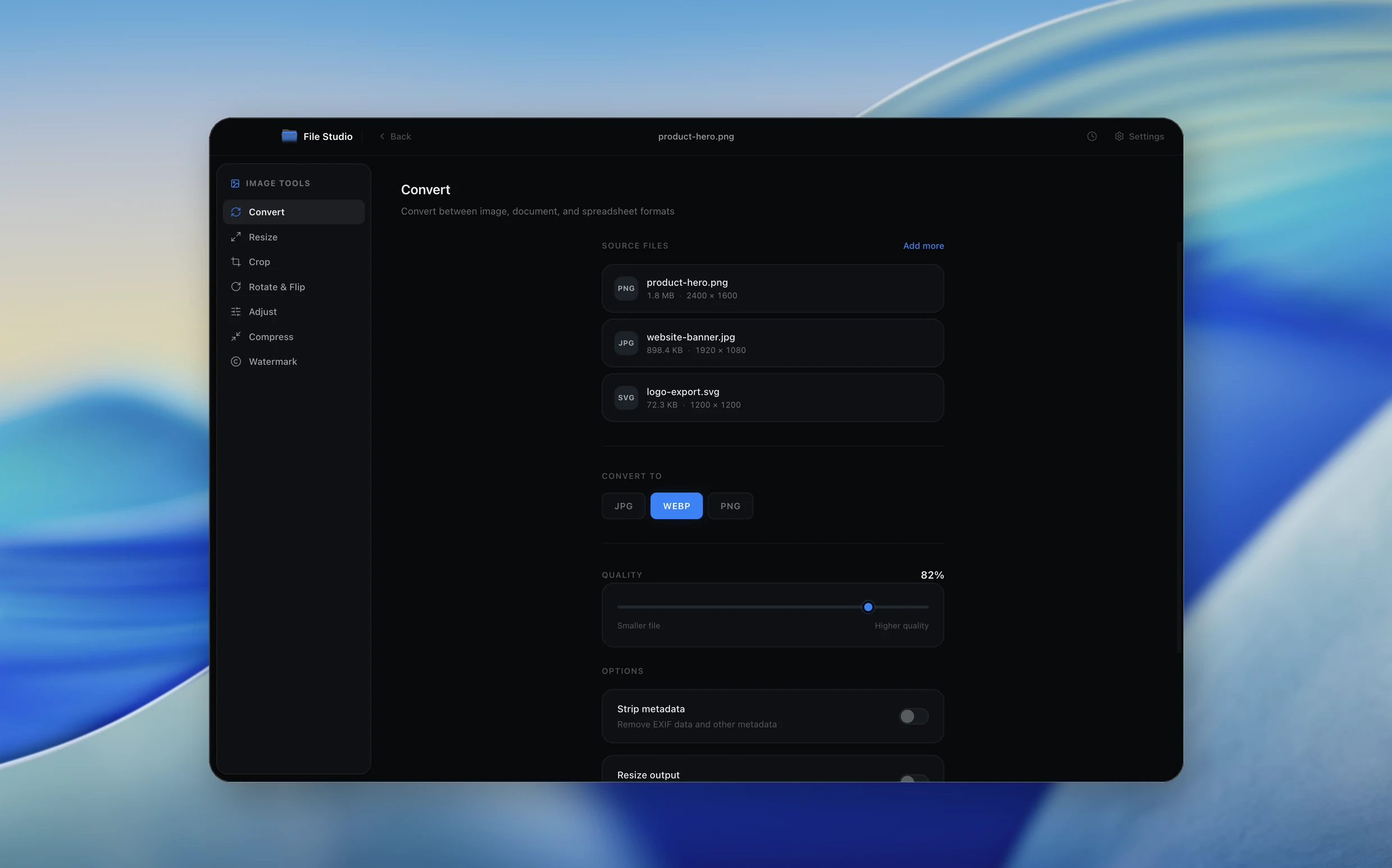 SVG to Optimized SVG / PNG tool preview in File Studio light mode