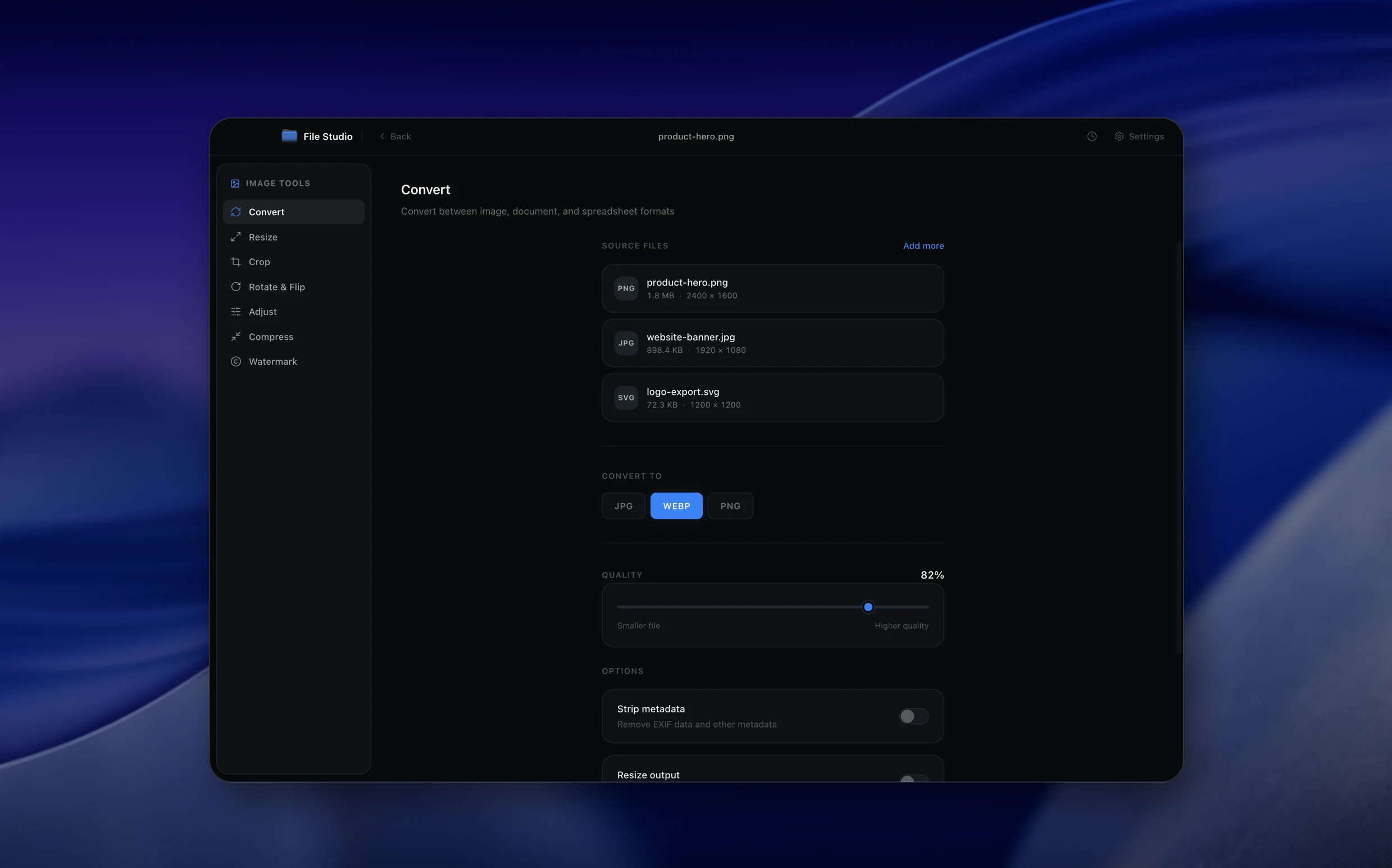 SVG to Optimized SVG / PNG tool preview in File Studio dark mode
