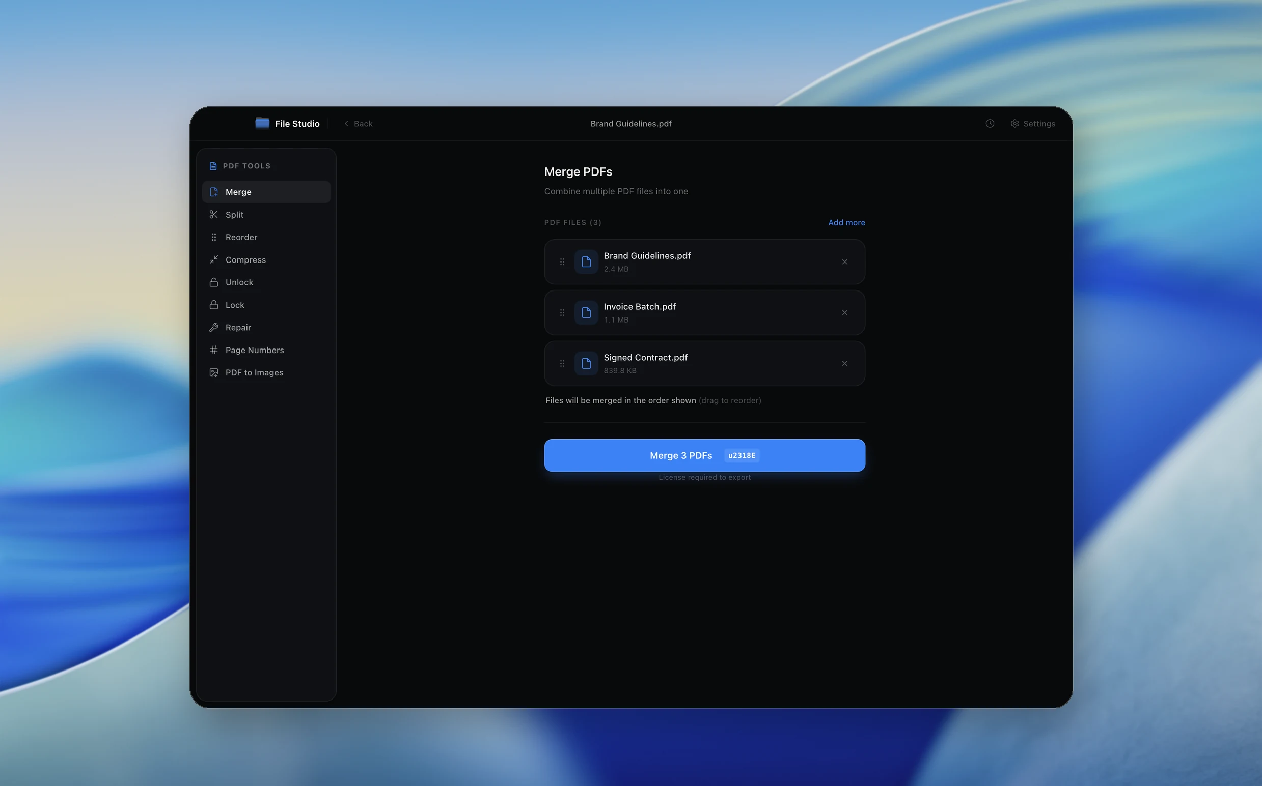 PDF to Clean PDF tool preview in File Studio light mode