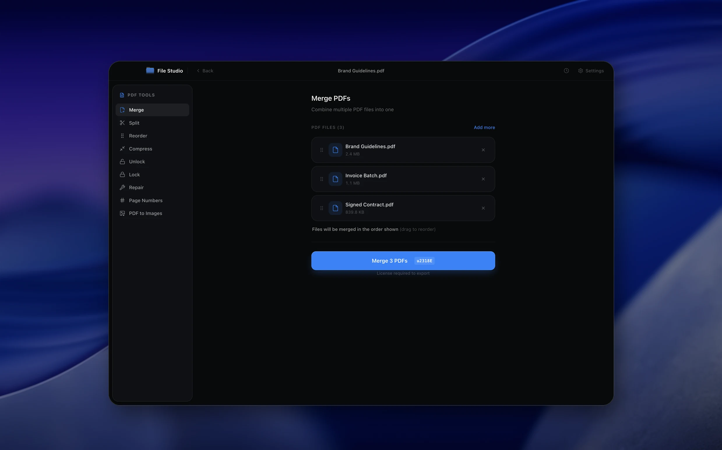 PDF to Clean PDF tool preview in File Studio dark mode