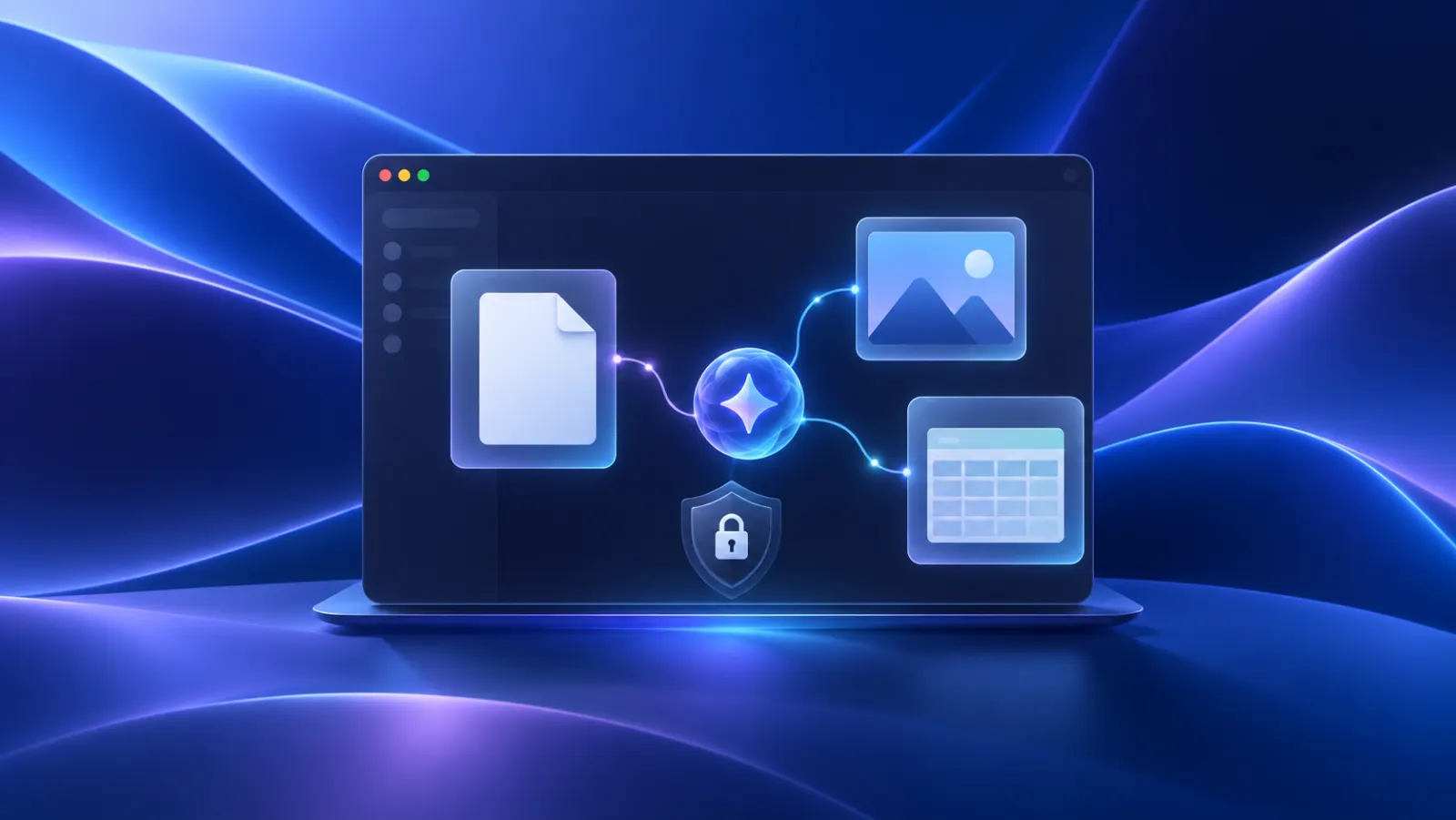 Documents, images, and spreadsheets connected to an AI assistant inside a secure local app window
