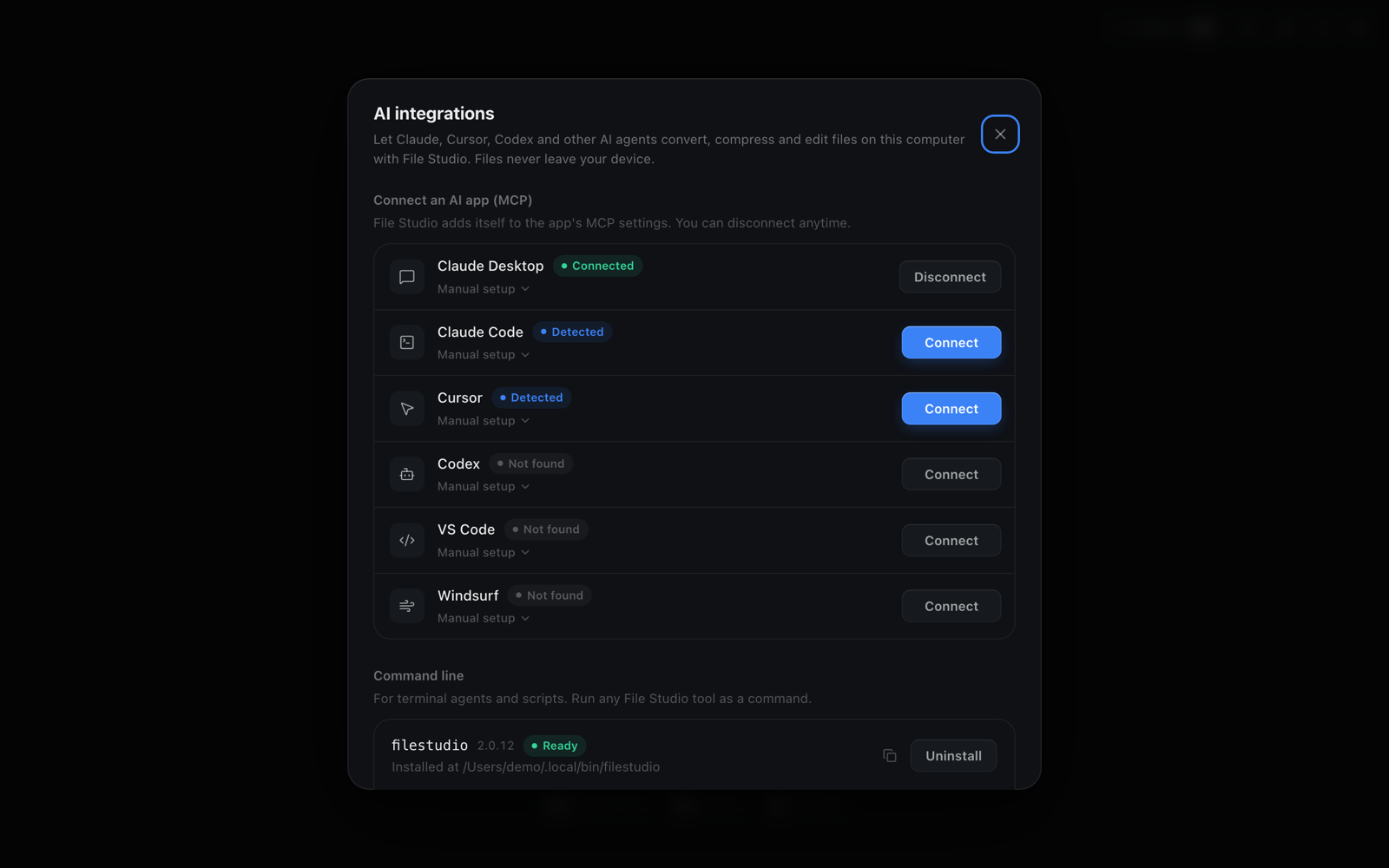 File Studio AI integrations window with Claude connected and the filestudio command installed