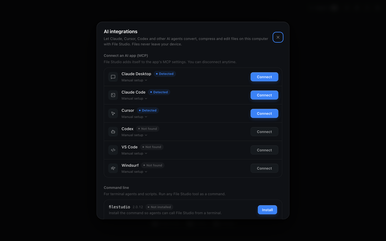File Studio AI integrations window with Connect buttons for Claude Desktop and Claude Code